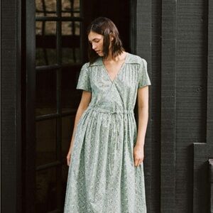 Green Midi Wrap Tie Front Sundress with Flutter Sleeves